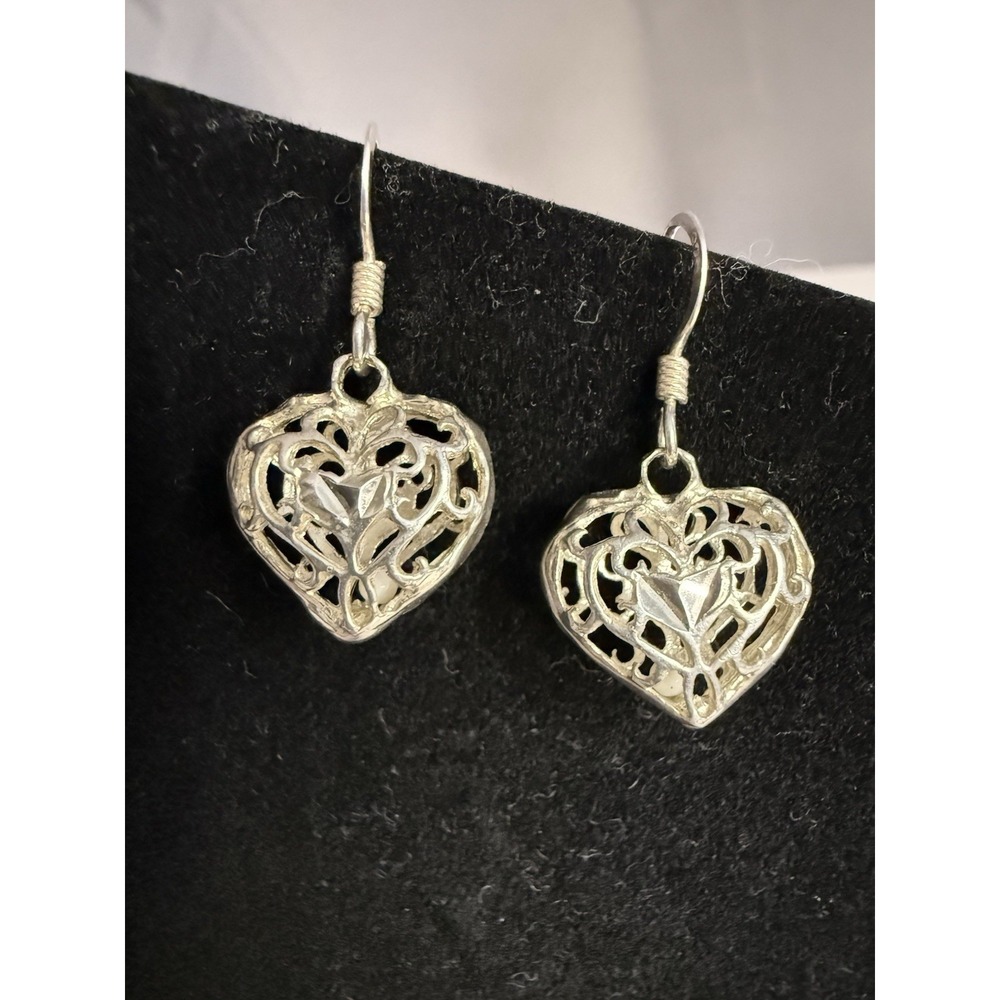 Puffy Heart Shape Filigree .925 Sterling Silver Earrings